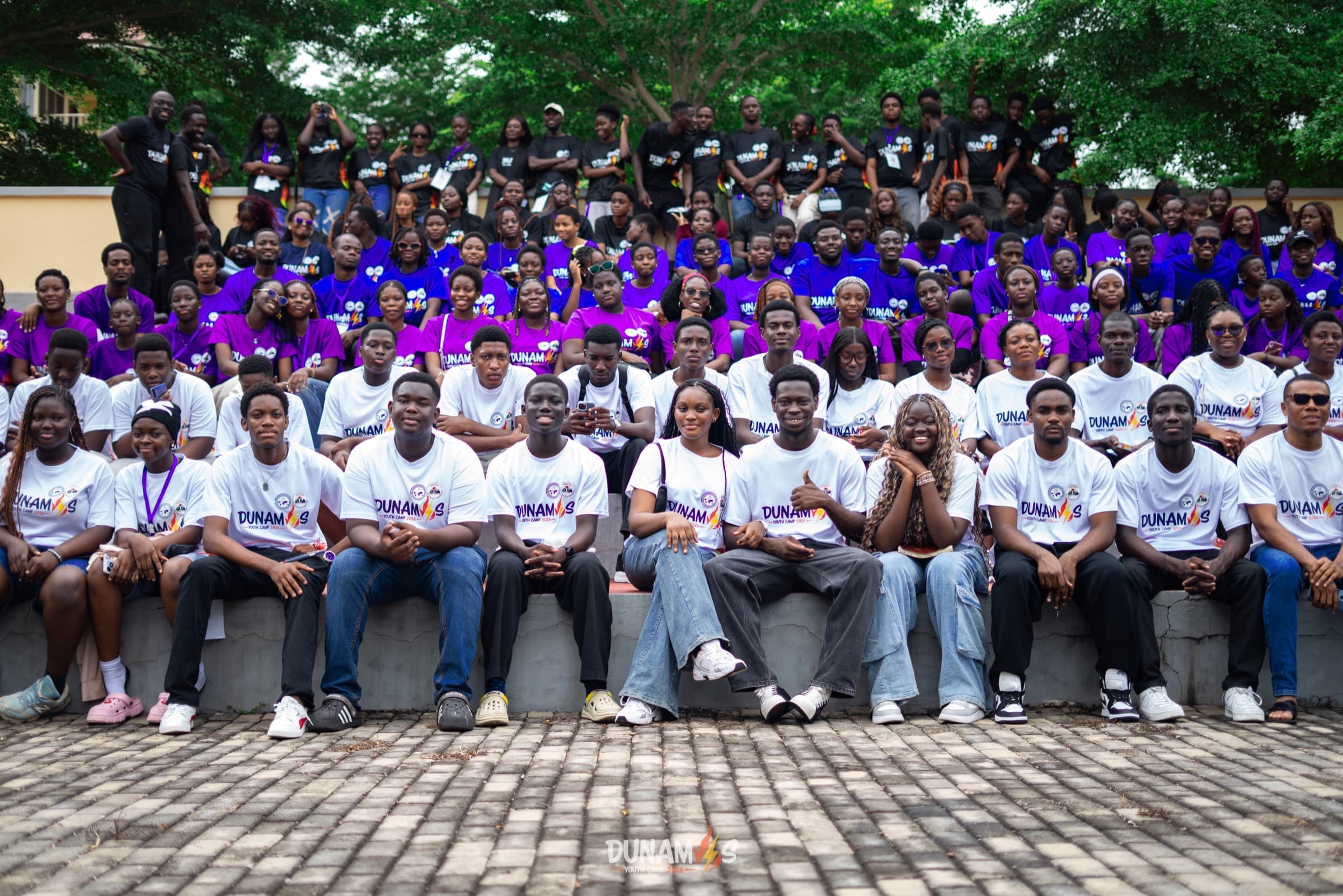 The full Dunamis Youth Camp 2026 gathering assembled outdoors for a group photograph
